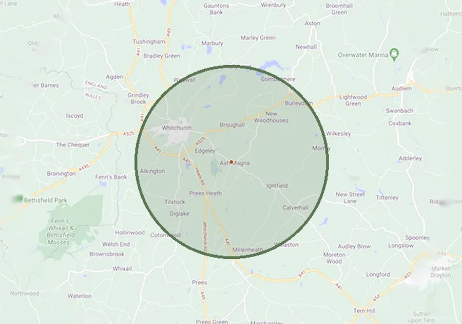 Map centred on Ash Magna near Whitchurch, with a shaded circle showing the three mile radius. Whitchurch, Edgeley, Tilstock and Prees Heath fall inside it; Prees, Wem, Audlem and Market Drayton fall outside.